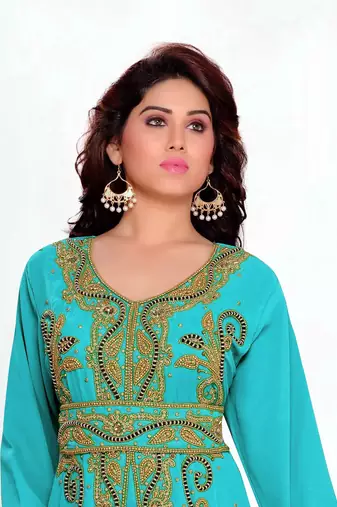 Cyan color Full Sleeves Handmade Moroccan Kaftan with hijjab