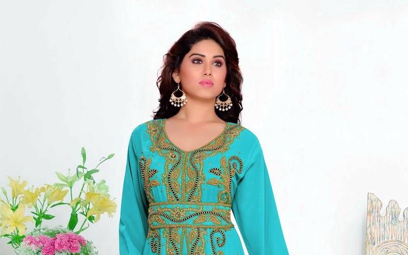 Cyan color luxurious Full Sleeves Handmade Moroccan Kaftan with hijjab