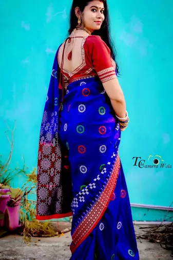 Blue Sambhalpuri Satin Silk Saree With Passapalli Resham Embroidry Work Saree