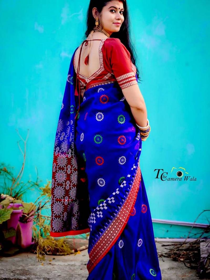 Blue Sambhalpuri Satin Silk Saree With Passapalli Resham Embroidry Work Saree