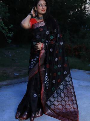 Black Sambhalpuri Satin Silk Saree With Passapalli Resham Embroidry Work Saree 2