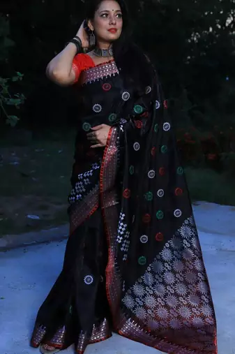 Black Sambhalpuri Satin Silk Saree With Passapalli Resham Embroidry Work Saree