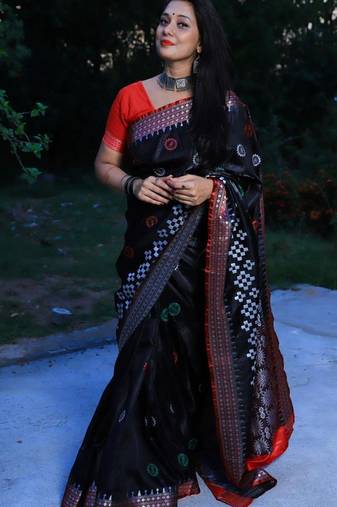Black Sambhalpuri Satin Silk Saree With Passapalli Resham Embroidry Work Saree