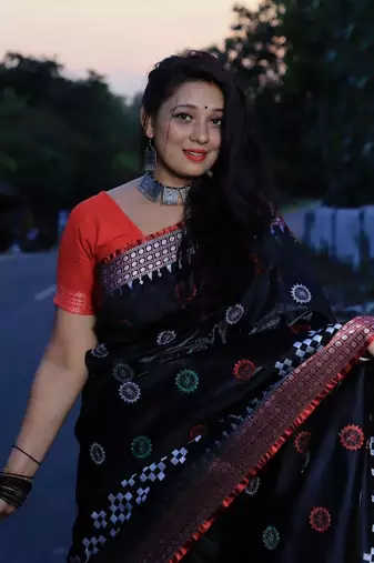 Black Sambhalpuri Satin Silk Saree With Passapalli Resham Embroidry Work Saree