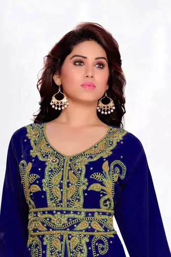 Navy-Blue color Full Sleeves Handmade Moroccan Kaftan with hijjab