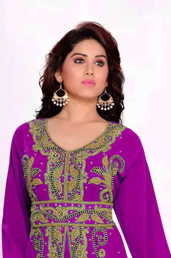 Purple color Full Sleeves Handmade Moroccan Kaftan with hijjab