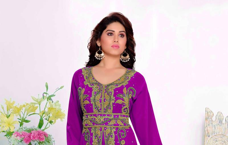 Purple color luxurious Full Sleeves Handmade Moroccan Kaftan with hijjab