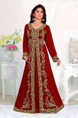Maroon color Full Sleeves Handmade Moroccan Kaftan with hijjab 1