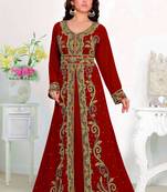 Maroon color luxurious Full Sleeves Handmade Moroccan Kaftan with hijjab