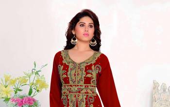Maroon color Full Sleeves Handmade Moroccan Kaftan with hijjab 2