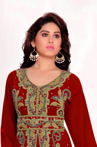 Maroon color Full Sleeves Handmade Moroccan Kaftan with hijjab