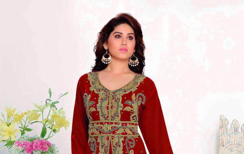Maroon color luxurious Full Sleeves Handmade Moroccan Kaftan with hijjab