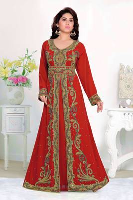 Red color Full Sleeves Handmade Moroccan Kaftan with hijjab 1