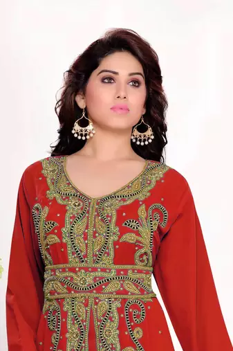 Red color Full Sleeves Handmade Moroccan Kaftan with hijjab