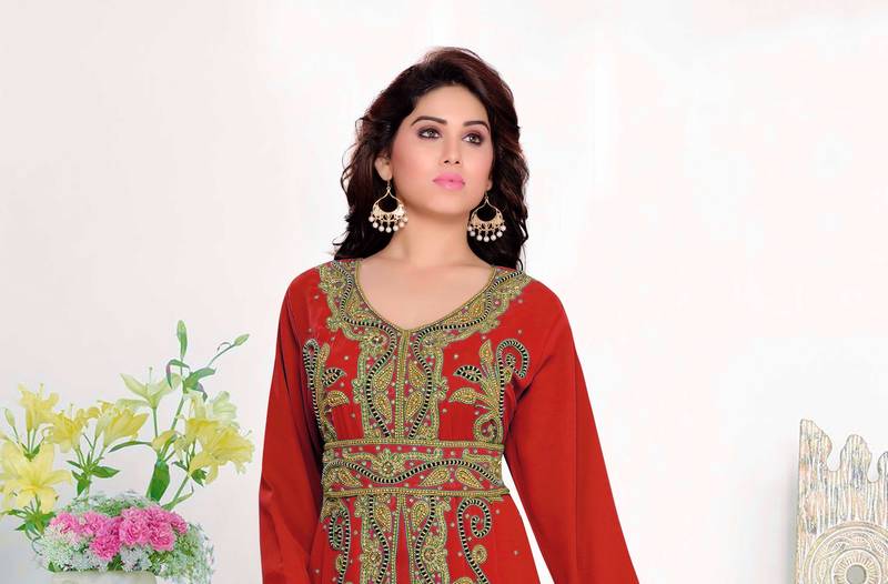 Red color luxurious Full Sleeves Handmade Moroccan Kaftan with hijjab