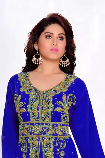 Royal-Blue color Full Sleeves Handmade Moroccan Kaftan  with hijjab