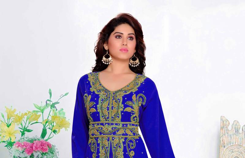 Royal-Blue color luxurious Full Sleeves Handmade Moroccan Kaftan  with hijjab