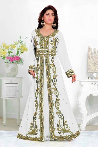 Off-White color luxurious Full Sleeves Handmade Moroccan Kaftan with hijjab