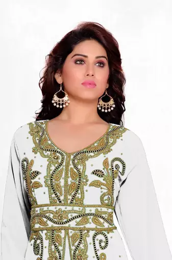 Off-White color Full Sleeves Handmade Moroccan Kaftan with hijjab