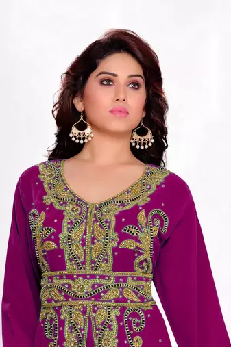 Wine color Full Sleeves Handmade Moroccan Kaftan with hijjab