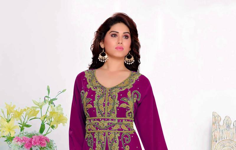 Wine color luxurious Full Sleeves Handmade Moroccan Kaftan with hijjab