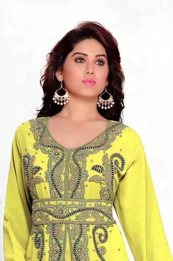 Yellow color Full Sleeves Handmade Moroccan Kaftan 