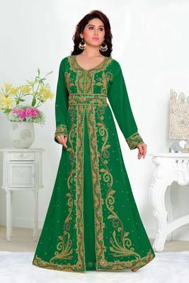 Dark-Green color Full Sleeves Handmade Moroccan Kaftan  with hijjab 1