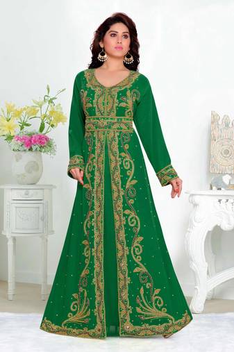 Dark-Green color luxurious Full Sleeves Handmade Moroccan Kaftan  with hijjab
