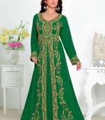 Dark-Green color luxurious Full Sleeves Handmade Moroccan Kaftan  with hijjab