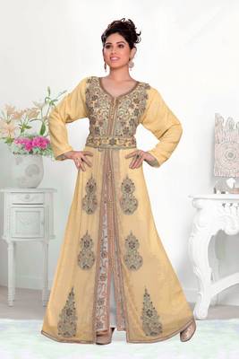 Beige & White color Handmade Moroccan Kaftan with hijjab 1
