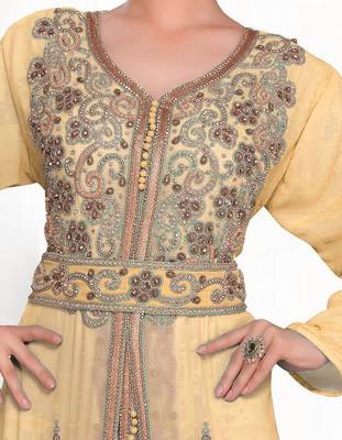 Beige & White color Handmade Moroccan Kaftan with hijjab 2