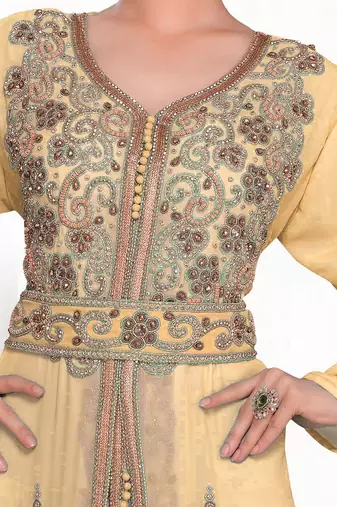 Beige & White color Handmade Moroccan Kaftan with hijjab