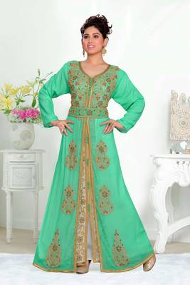 Sea-Green & White color Handmade Moroccan Kaftan with hijjab 1