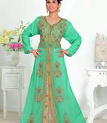 Sea-Green & White color luxurious Handmade Moroccan Kaftan with hijjab