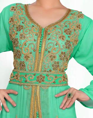Sea-Green & White color Handmade Moroccan Kaftan with hijjab 2