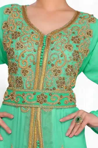 Sea-Green & White color Handmade Moroccan Kaftan with hijjab