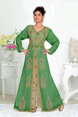 Dark-Green & White color Handmade Moroccan Kaftan with hijjab 1