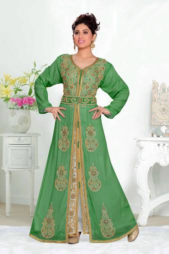 Dark-Green & White color luxurious Handmade Moroccan Kaftan with hijjab