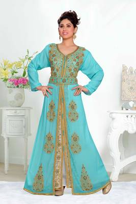 Cyan & White color Handmade Moroccan Kaftan with hijjab 1