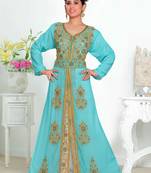Cyan & White color luxurious Handmade Moroccan Kaftan with hijjab