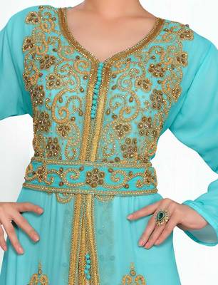 Cyan & White color Handmade Moroccan Kaftan with hijjab 2