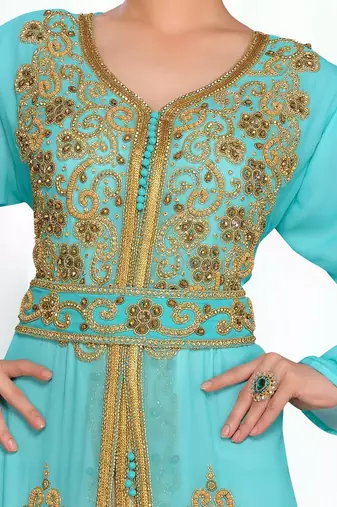 Cyan & White color Handmade Moroccan Kaftan with hijjab
