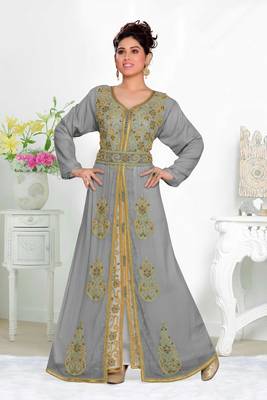 Grey & White color Handmade Moroccan Kaftan  with hijjab 1