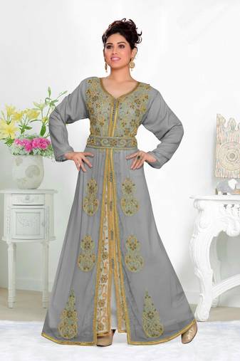 Grey & White color luxurious Handmade Moroccan Kaftan  with hijjab