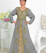 Grey & White color luxurious Handmade Moroccan Kaftan  with hijjab