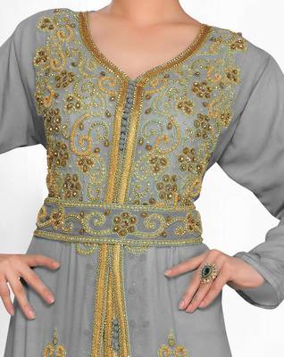 Grey & White color Handmade Moroccan Kaftan  with hijjab 2