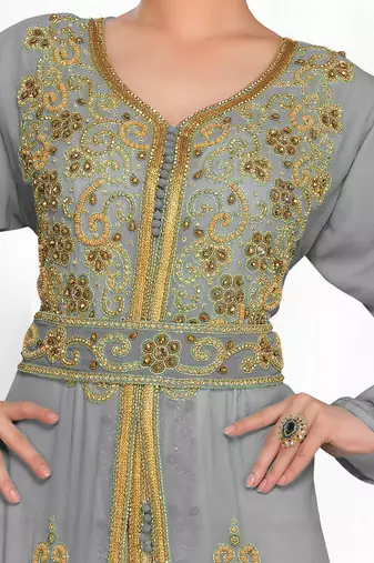 Grey & White color Handmade Moroccan Kaftan  with hijjab
