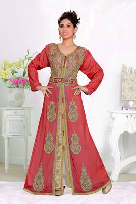 Maroon & White color Handmade Moroccan Kaftan with hijjab 1