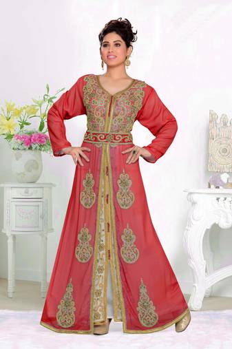 Maroon & White color luxurious Handmade Moroccan Kaftan with hijjab