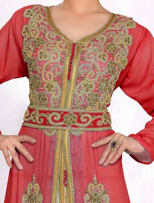 Maroon & White color Handmade Moroccan Kaftan with hijjab 2